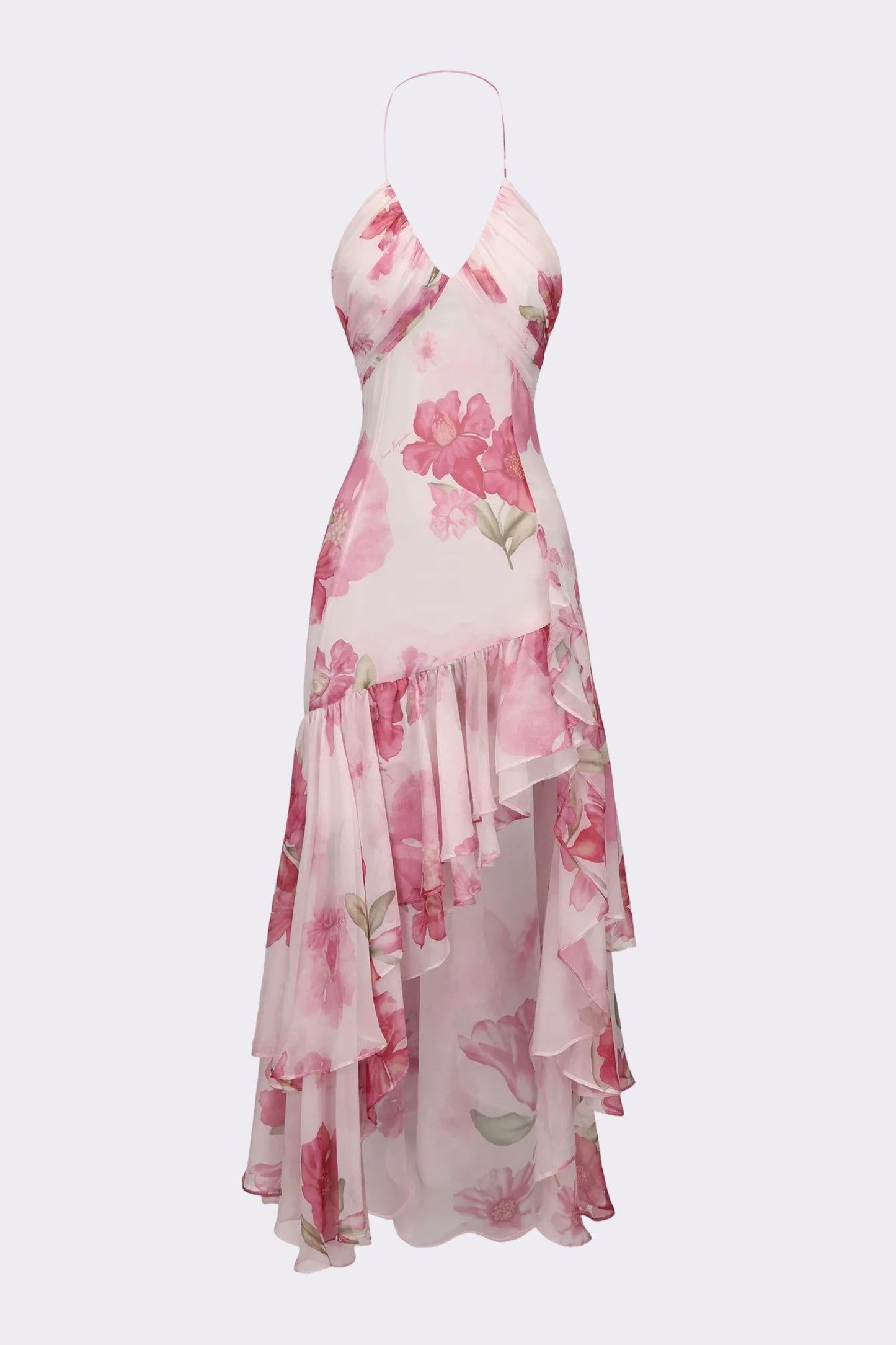 Koriora | Robe Maxi Chiffon Rain — Halter Fleuri & Ourlet Asymétrique Romantique