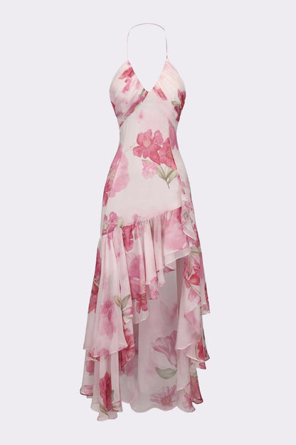 Koriora | Robe Maxi Chiffon Rain — Halter Fleuri & Ourlet Asymétrique Romantique