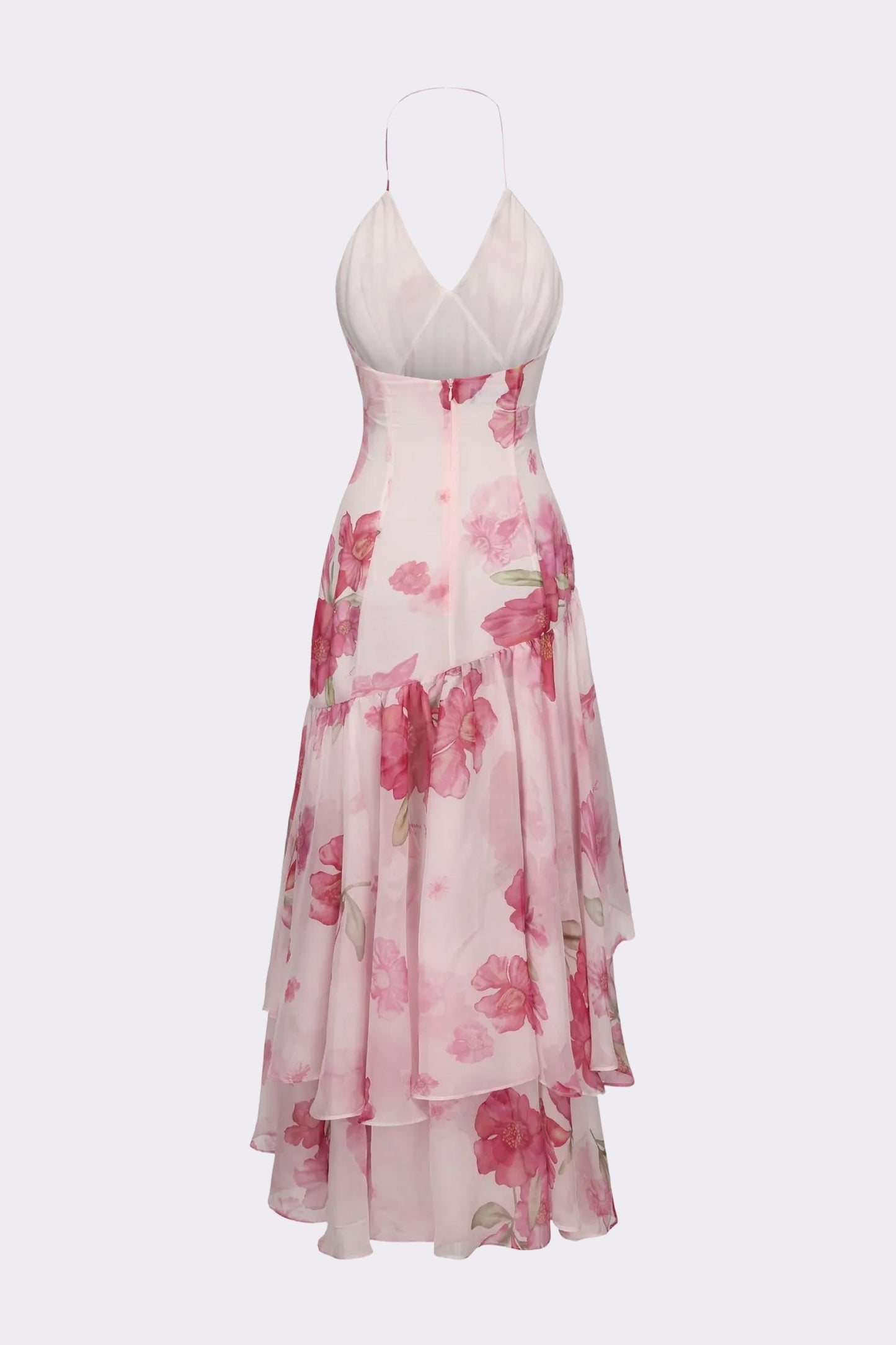 Koriora | Robe Maxi Chiffon Rain — Halter Fleuri & Ourlet Asymétrique Romantique
