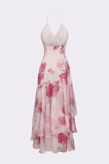 Koriora | Robe Maxi Chiffon Rain — Halter Fleuri & Ourlet Asymétrique Romantique