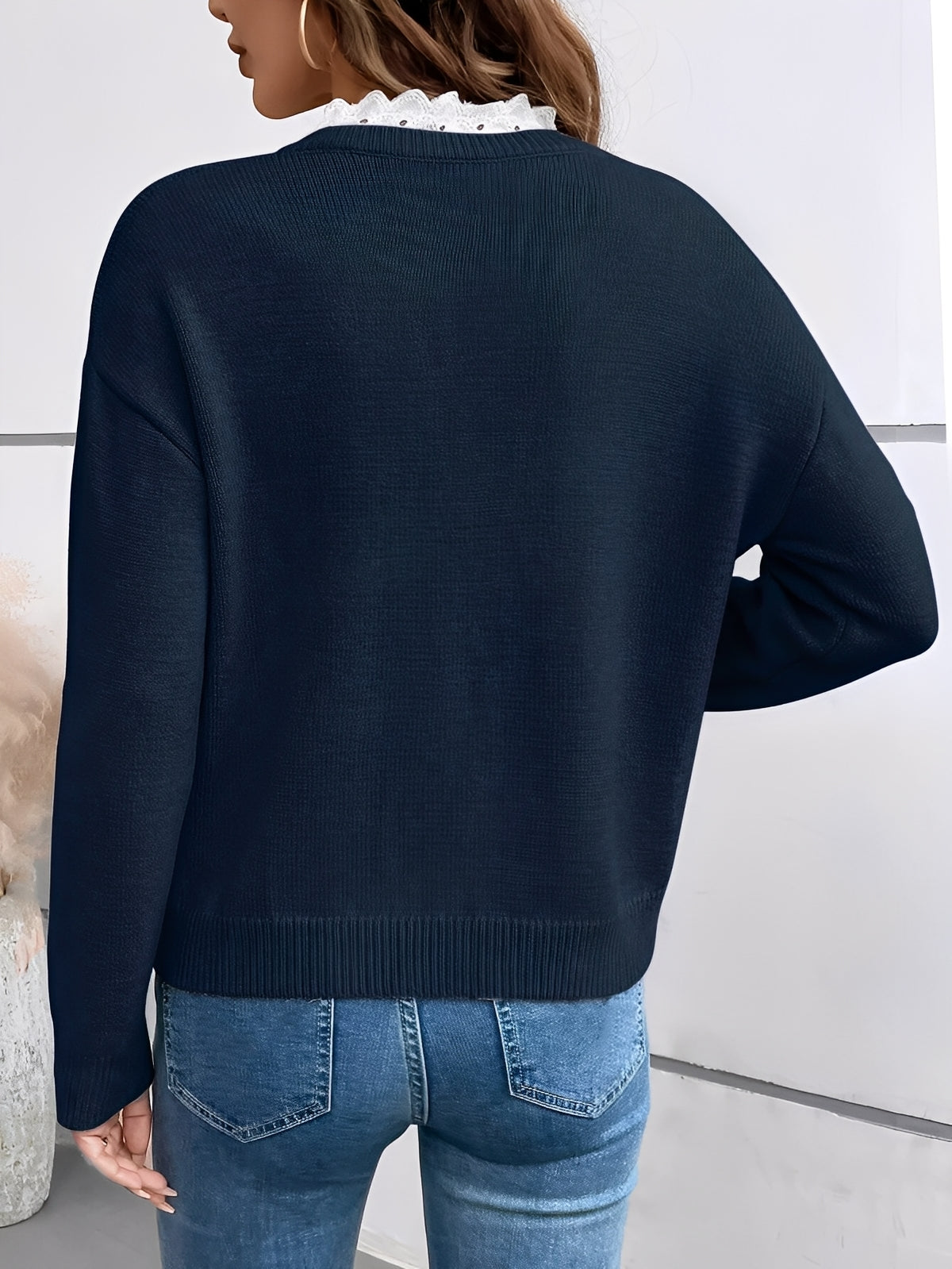Women's V-Neck Jumper – Soft Knit and Lace Detail