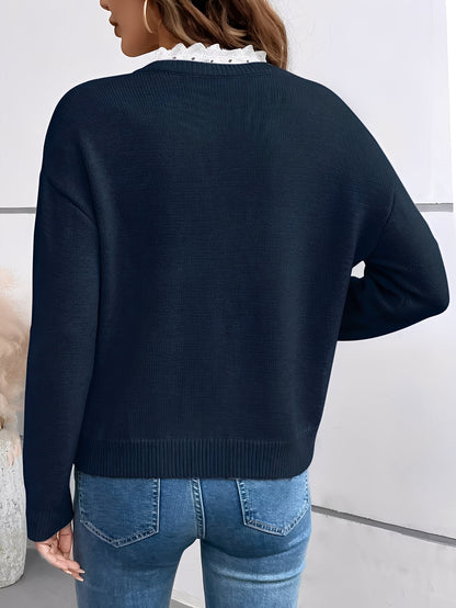 Women's V-Neck Jumper – Soft Knit and Lace Detail