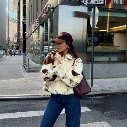 Women’s Cream & Brown Faux-Fur Cow Look Cropped Jacket