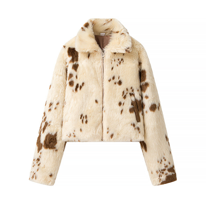 Women’s Cream & Brown Faux-Fur Cow Look Cropped Jacket