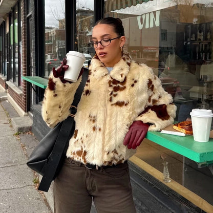 Women’s Cream & Brown Faux-Fur Cow Look Cropped Jacket