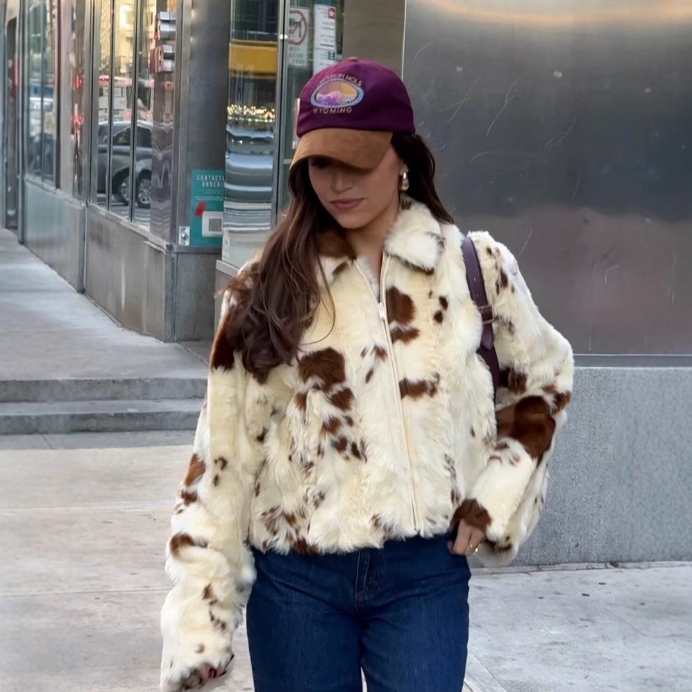 Women’s Cream & Brown Faux-Fur Cow Look Cropped Jacket