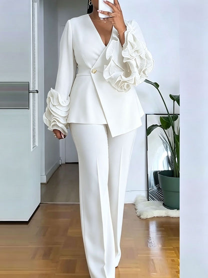 Koriora | Ensemble Tailleur Delphine — Manche Asymétrique Volantée & Veste Cache-Cœur Peplum