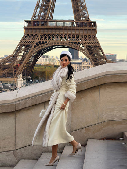 Women’s Long Belted Coat with Fur Collar and Trim