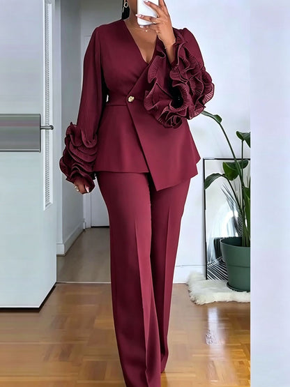 Koriora | Ensemble Tailleur Delphine — Manche Asymétrique Volantée & Veste Cache-Cœur Peplum