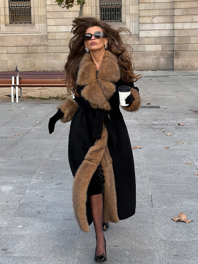 Women’s Long Belted Coat with Fur Collar and Trim