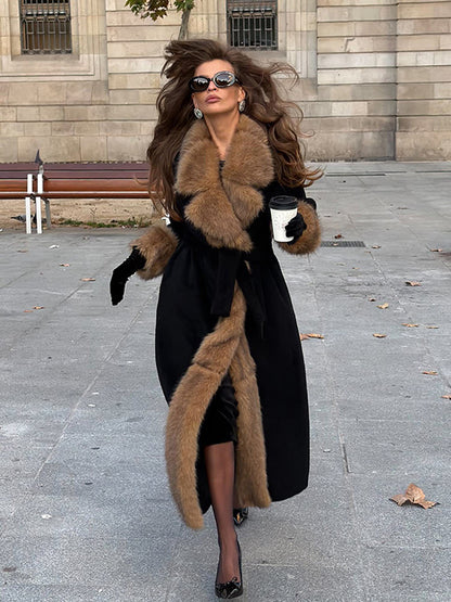 Women’s Long Belted Coat with Fur Collar and Trim
