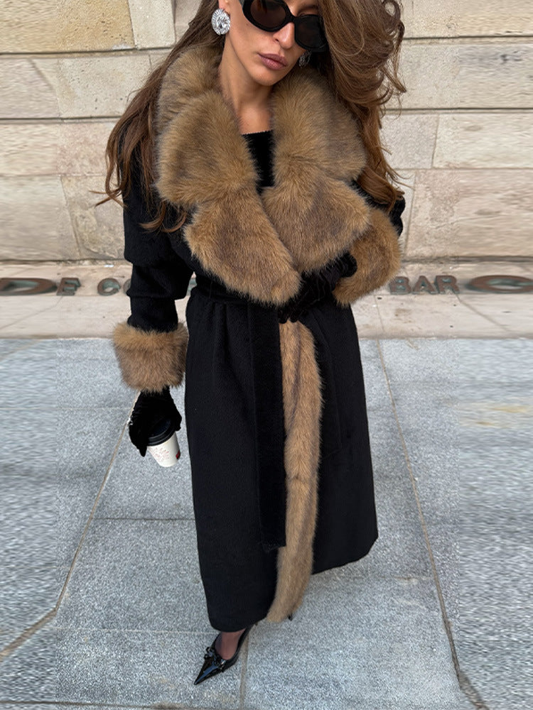 Women’s Long Belted Coat with Fur Collar and Trim