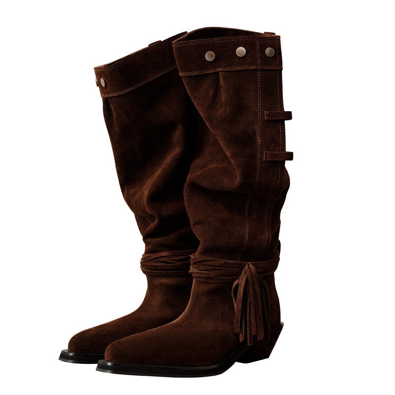 Women’s Suede-Look Mid-Calf Western Boots with Tassels