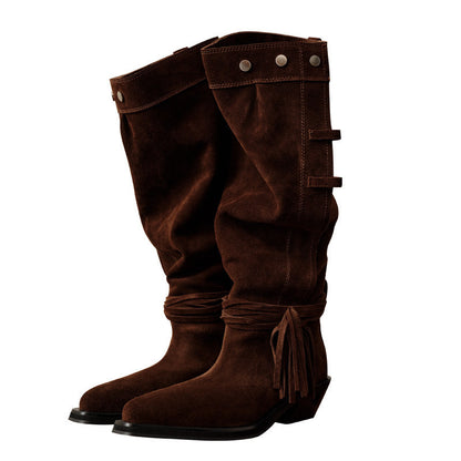 Women’s Suede-Look Mid-Calf Western Boots with Tassels