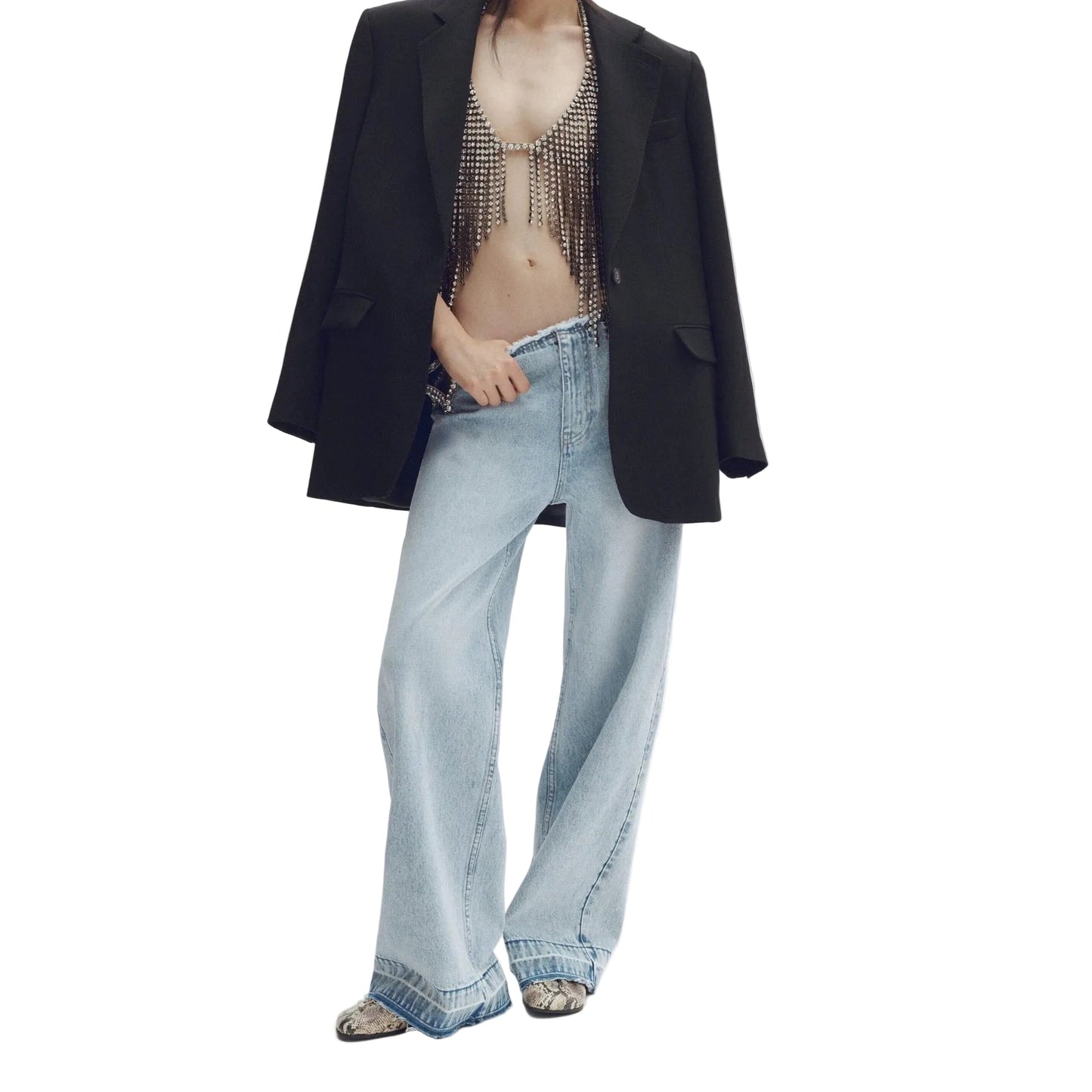 Koriora Jean Baggy Bleu Clair à Strass – Jean Wide Leg Taille Basse Femme