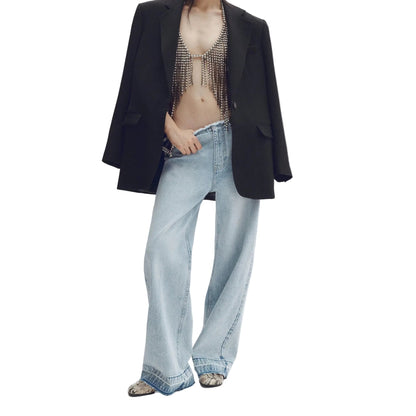 Koriora Jean Baggy Bleu Clair à Strass – Jean Wide Leg Taille Basse Femme