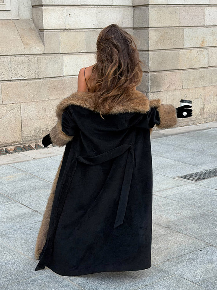 Women’s Long Belted Coat with Fur Collar and Trim