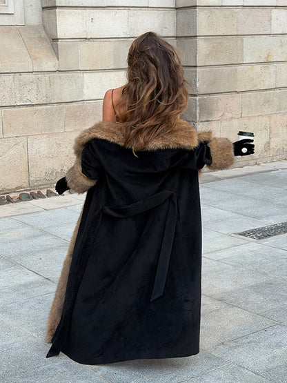 Women’s Long Belted Coat with Fur Collar and Trim