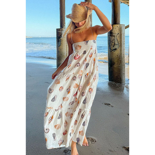 Robe maxi légère à poches plissées avec coquillage unique