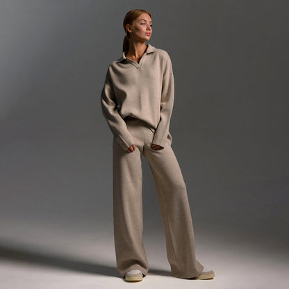 Koriora | Ensemble Lounge Selviane – Ensemble Femme 2 Pièces Maille | Pull Col Polo & Pantalon Large Élégant