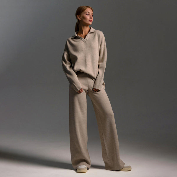 Koriora | Ensemble Lounge Selviane – Ensemble Femme 2 Pièces Maille | Pull Col Polo & Pantalon Large Élégant
