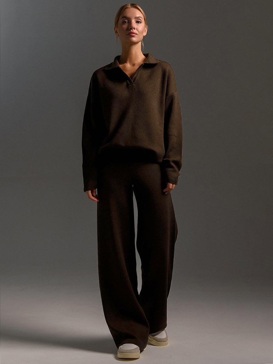 Koriora | Ensemble Lounge Selviane – Ensemble Femme 2 Pièces Maille | Pull Col Polo & Pantalon Large Élégant