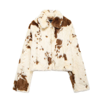 Women’s Cream & Brown Faux-Fur Cow Look Cropped Jacket
