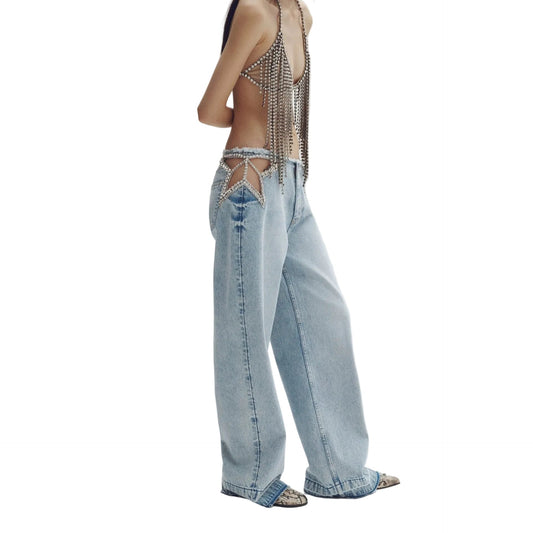 Koriora Jean Baggy Bleu Clair à Strass – Jean Wide Leg Taille Basse Femme