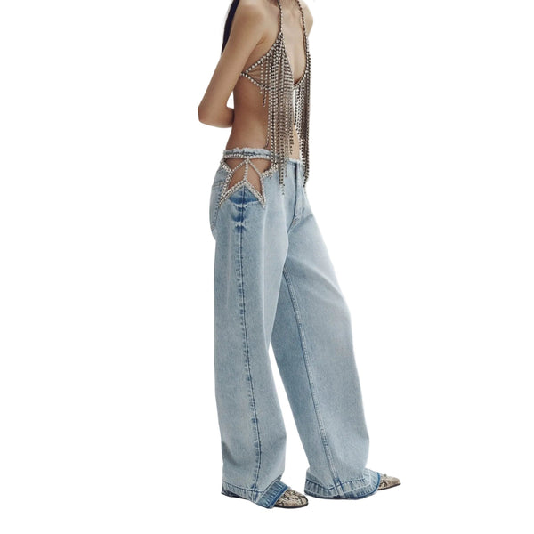 Koriora Jean Baggy Bleu Clair à Strass – Jean Wide Leg Taille Basse Femme
