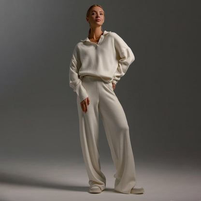 Koriora | Ensemble Lounge Selviane – Ensemble Femme 2 Pièces Maille | Pull Col Polo & Pantalon Large Élégant
