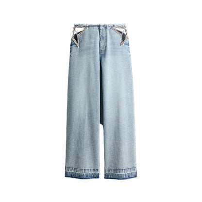 Koriora Jean Baggy Bleu Clair à Strass – Jean Wide Leg Taille Basse Femme