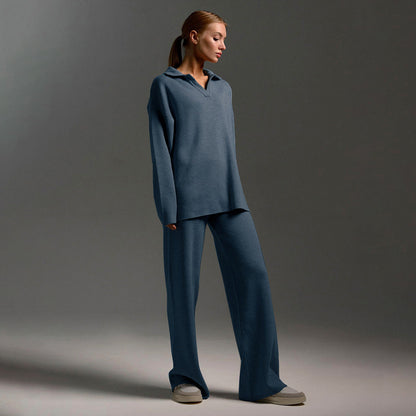 Koriora | Ensemble Lounge Selviane – Ensemble Femme 2 Pièces Maille | Pull Col Polo & Pantalon Large Élégant