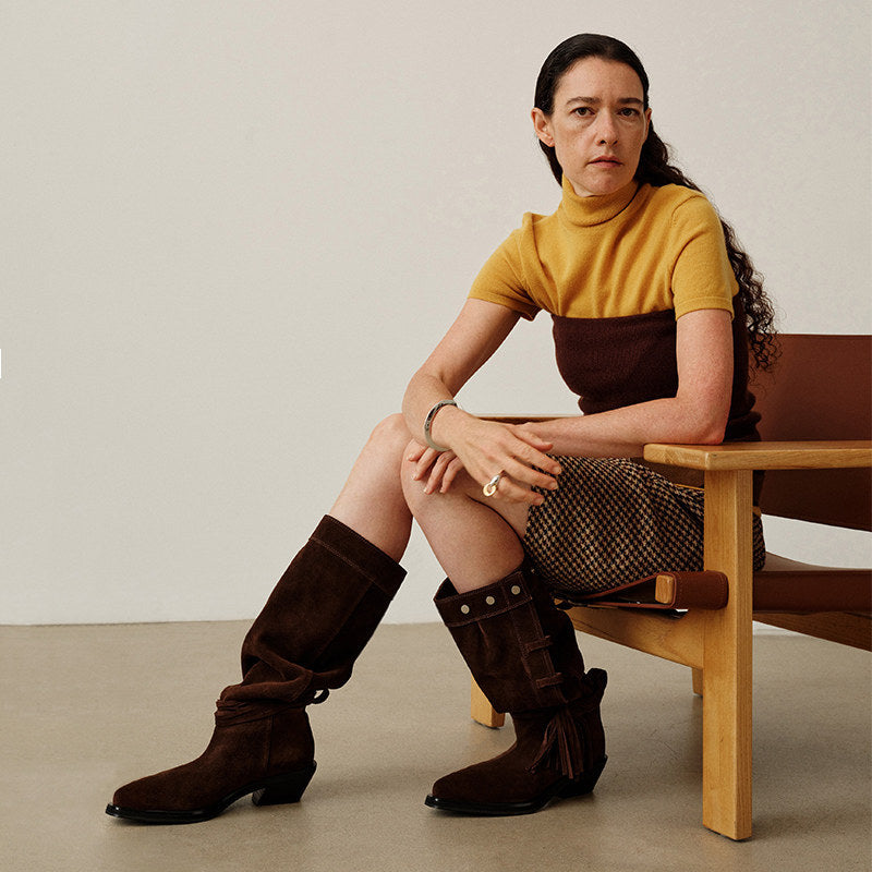 Women’s Suede-Look Mid-Calf Western Boots with Tassels