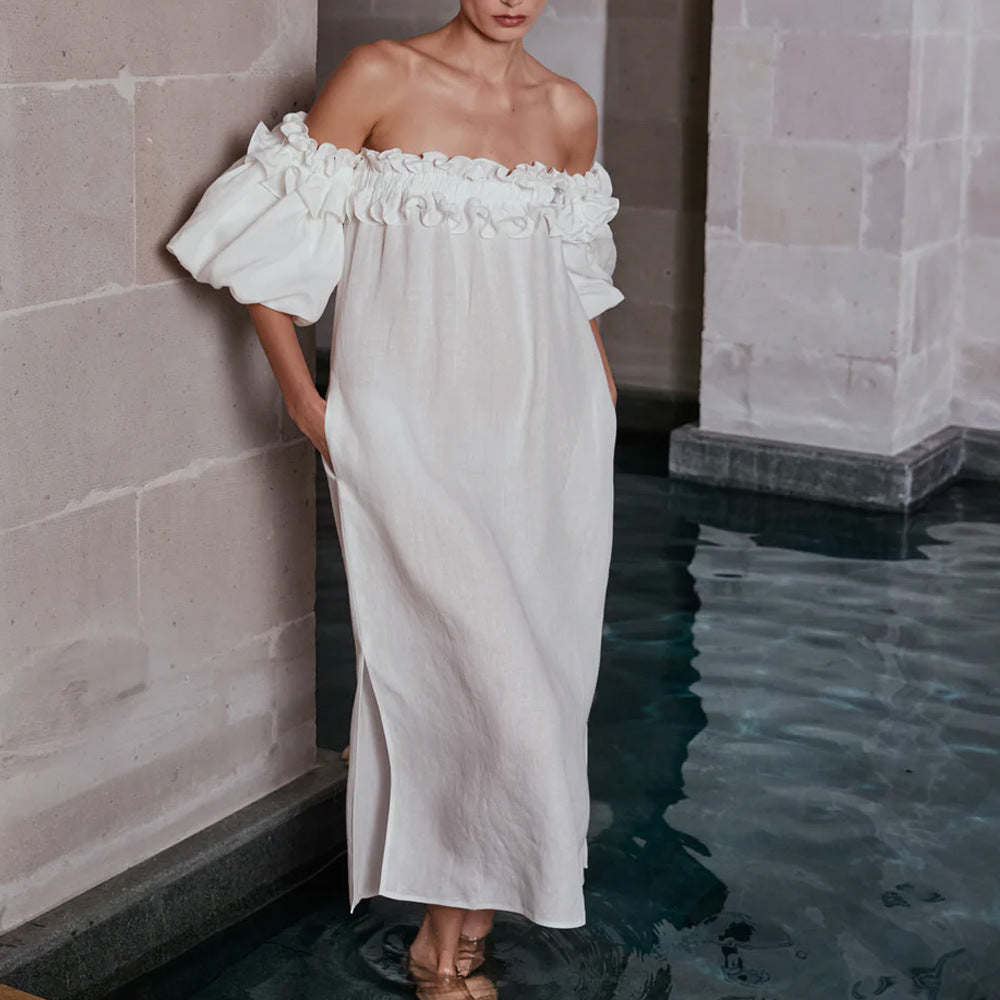 Robe midi à manches bouffantes à volants et poches dénudées épaules