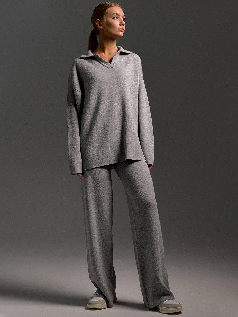 Koriora | Ensemble Lounge Selviane – Ensemble Femme 2 Pièces Maille | Pull Col Polo & Pantalon Large Élégant