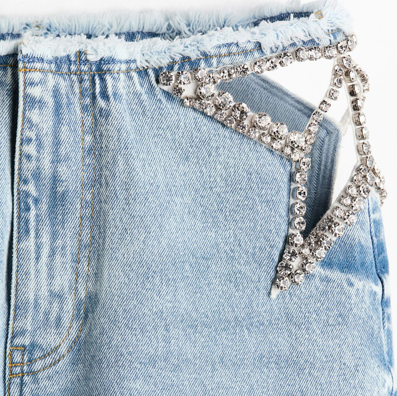 Koriora Jean Baggy Bleu Clair à Strass – Jean Wide Leg Taille Basse Femme