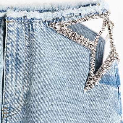 Koriora Jean Baggy Bleu Clair à Strass – Jean Wide Leg Taille Basse Femme