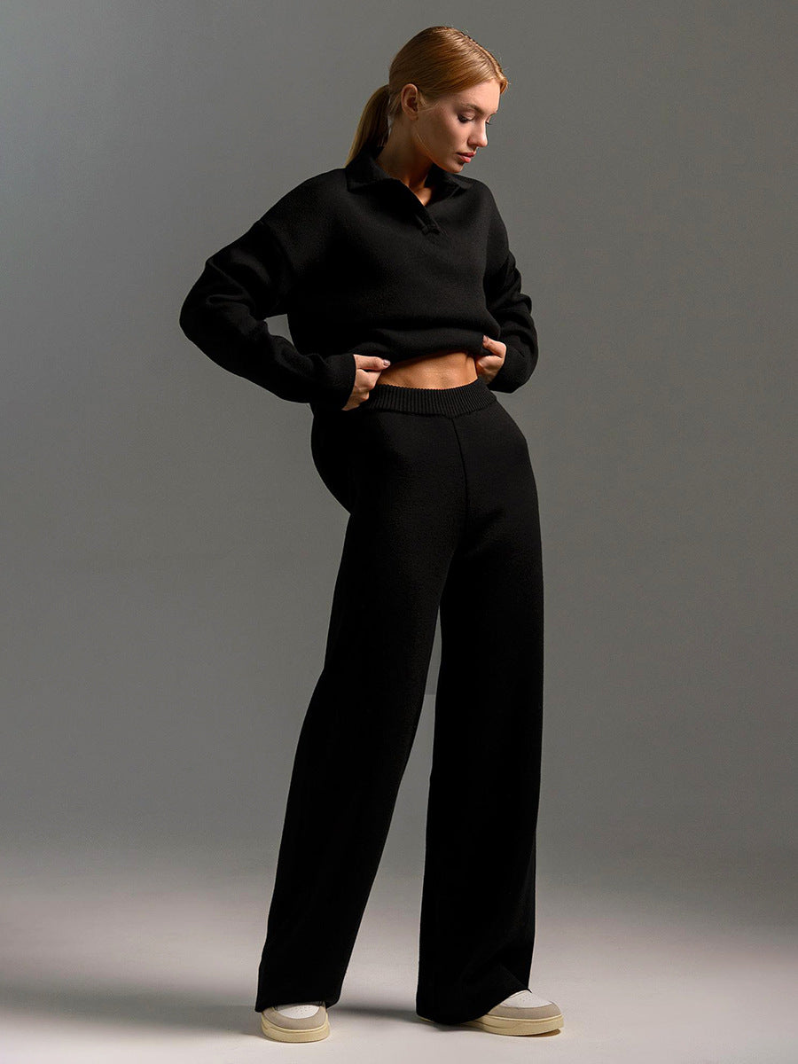 Koriora | Ensemble Lounge Selviane – Ensemble Femme 2 Pièces Maille | Pull Col Polo & Pantalon Large Élégant