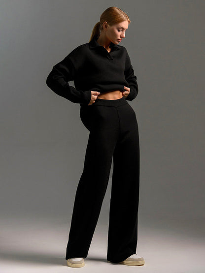 Koriora | Ensemble Lounge Selviane – Ensemble Femme 2 Pièces Maille | Pull Col Polo & Pantalon Large Élégant