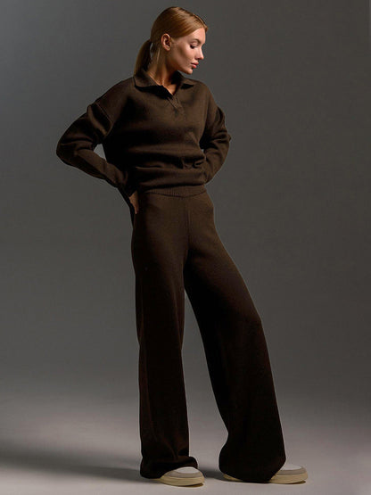 Koriora | Ensemble Lounge Selviane – Ensemble Femme 2 Pièces Maille | Pull Col Polo & Pantalon Large Élégant