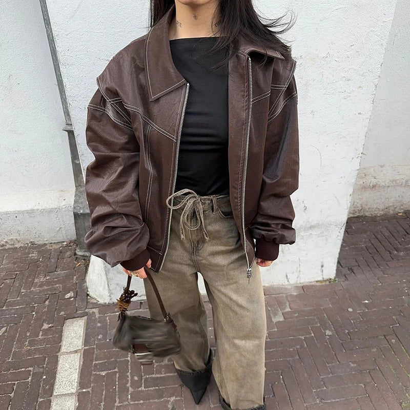 Koriora | Veste Cuir Ember — Bomber Oversize Femme en Similicuir Chic & Tendance