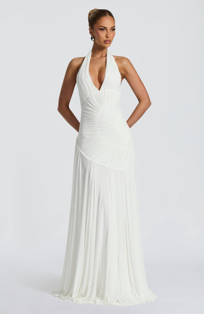 Koriora | Robe Maxi Halter Lise — Drapé Asymétrique & Mesh Premium