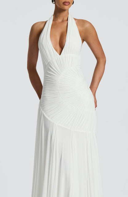 Koriora | Robe Maxi Halter Lise — Drapé Asymétrique & Mesh Premium