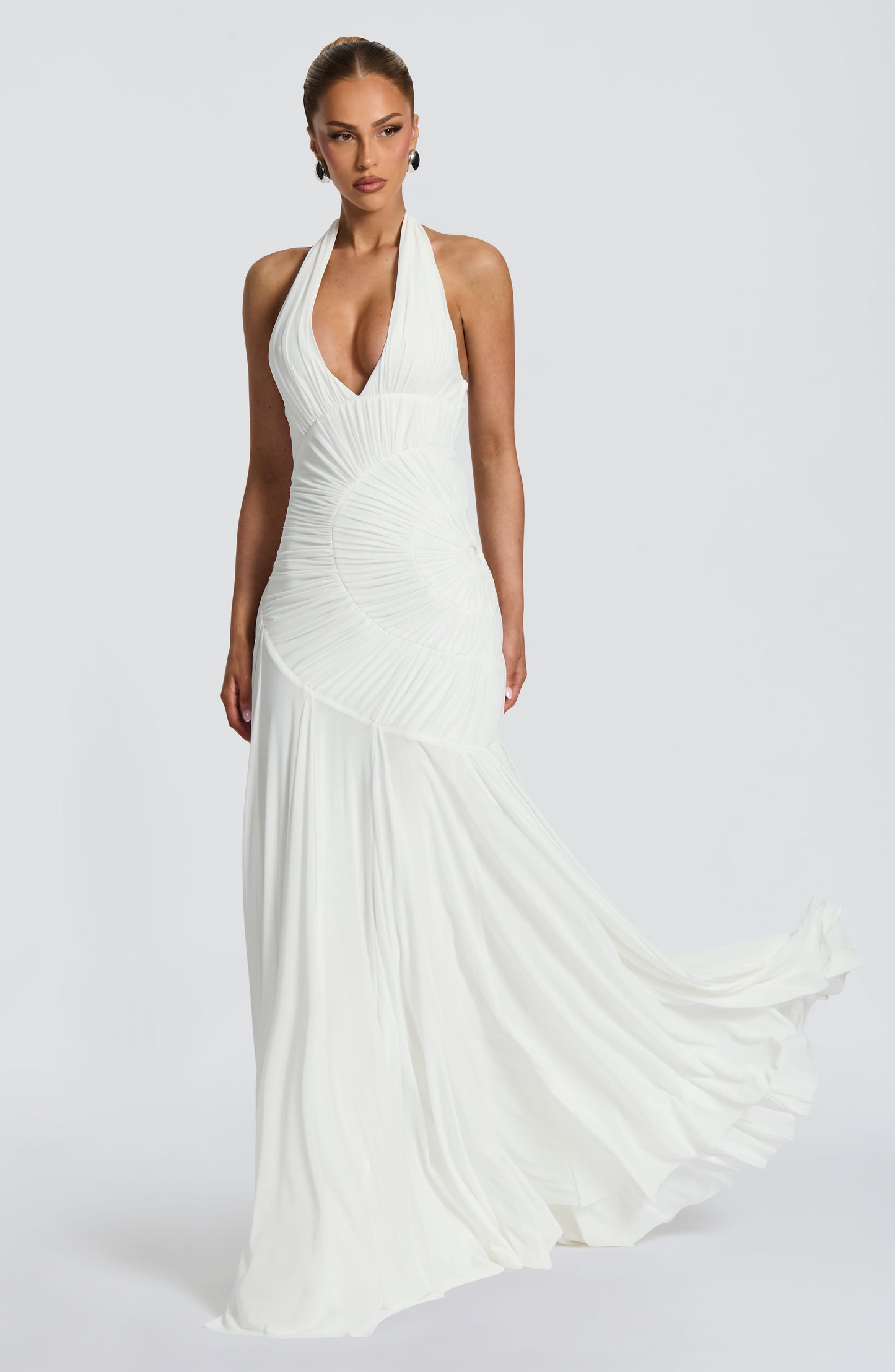 Koriora | Robe Maxi Halter Lise — Drapé Asymétrique & Mesh Premium