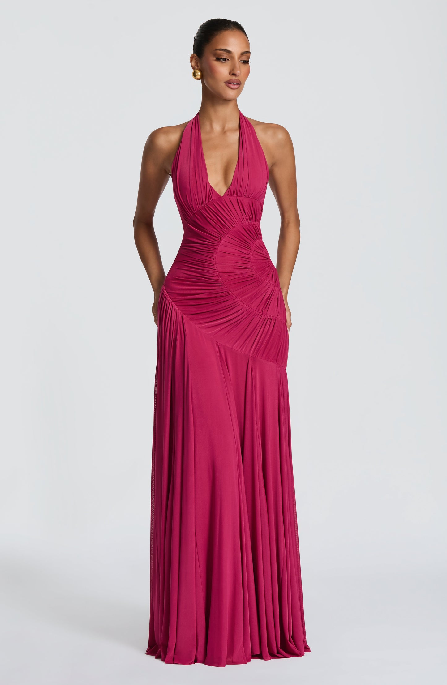 Koriora | Robe Maxi Halter Lise — Drapé Asymétrique & Mesh Premium