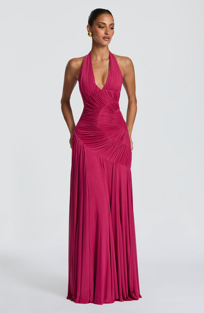 Koriora | Robe Maxi Halter Lise — Drapé Asymétrique & Mesh Premium