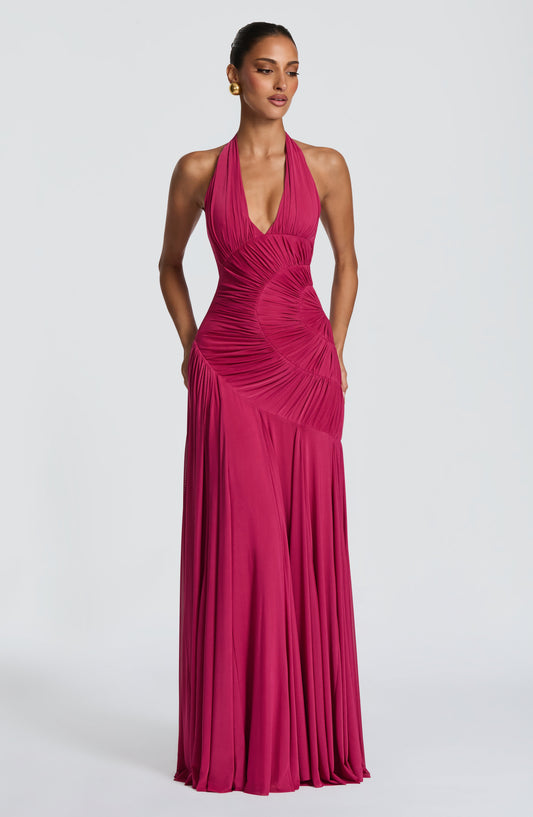 Koriora | Robe Maxi Halter Lise — Drapé Asymétrique & Mesh Premium