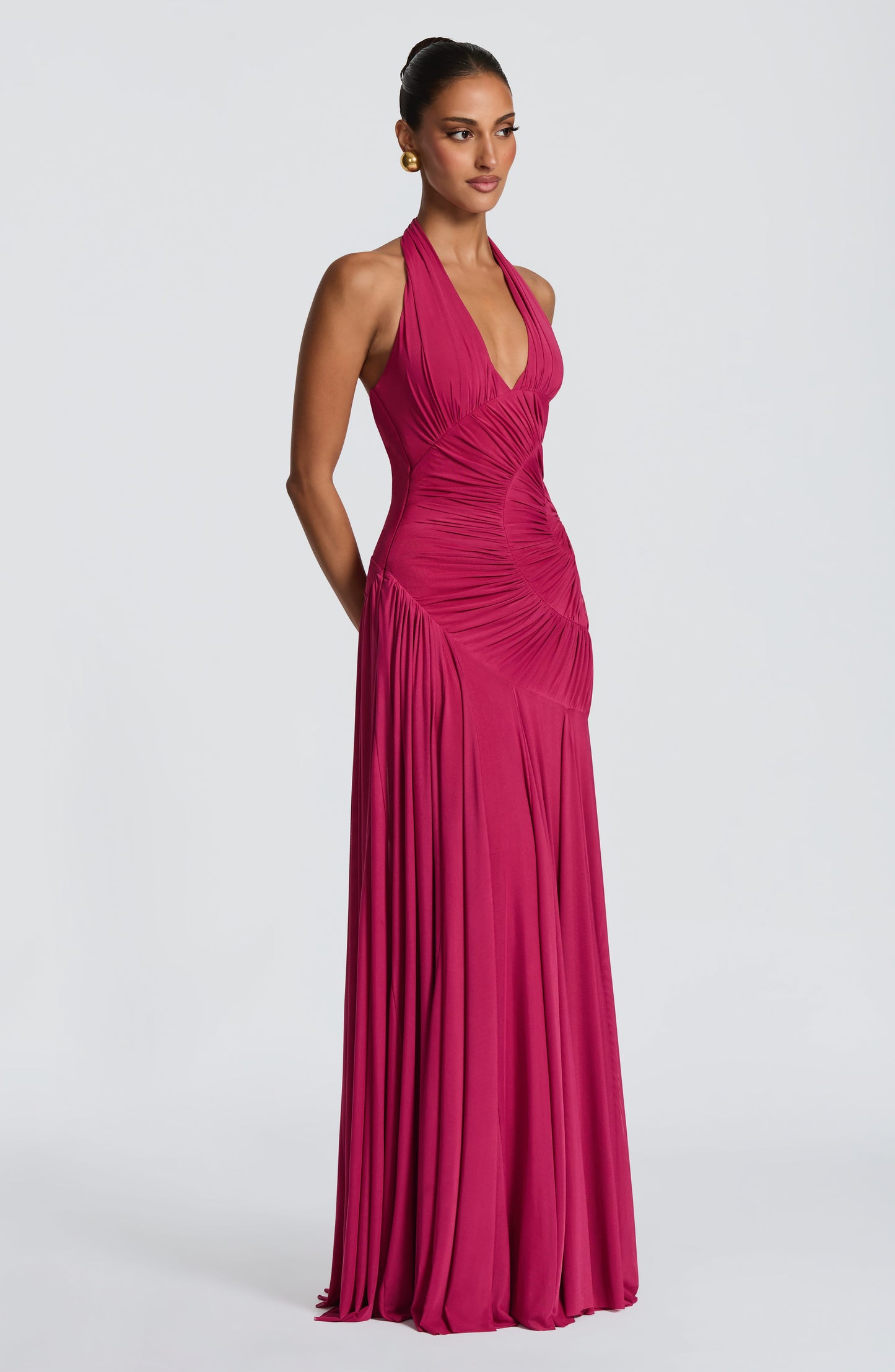 Koriora | Robe Maxi Halter Lise — Drapé Asymétrique & Mesh Premium
