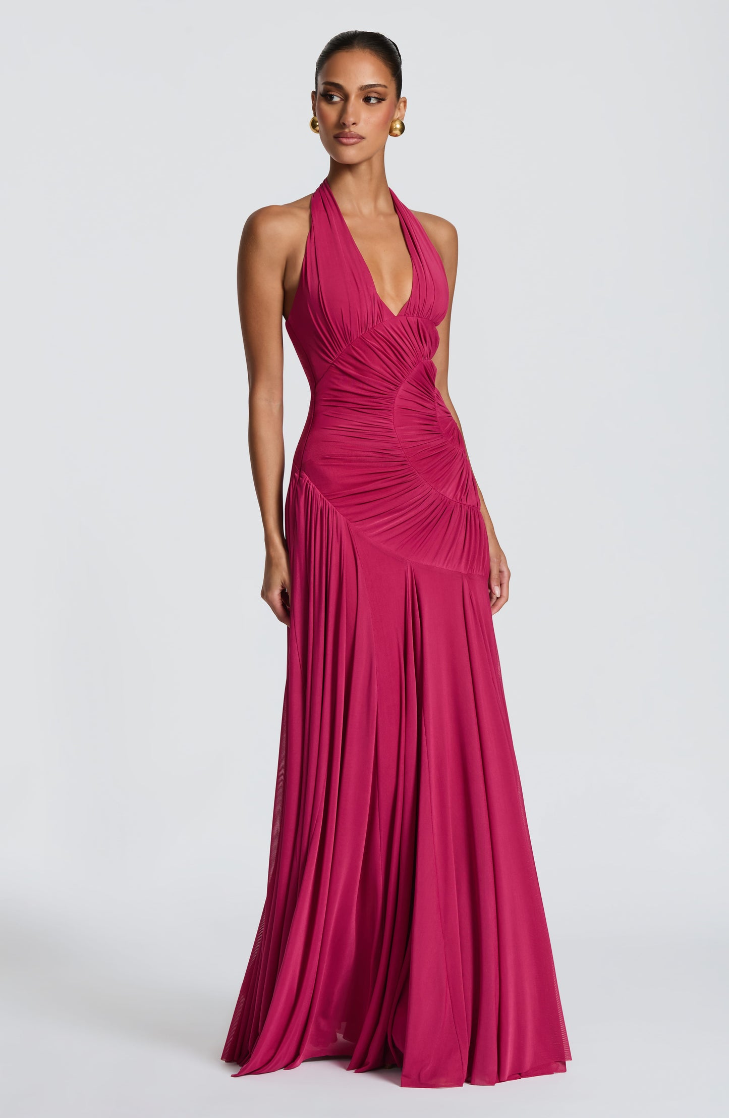 Koriora | Robe Maxi Halter Lise — Drapé Asymétrique & Mesh Premium