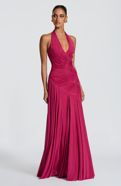 Koriora | Robe Maxi Halter Lise — Drapé Asymétrique & Mesh Premium